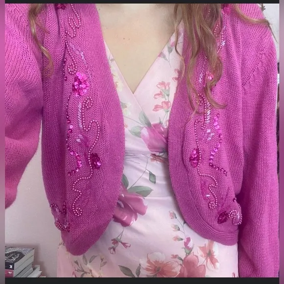 Pink embellished shrug vintage cape cardigan coquette girl L Anthropologie