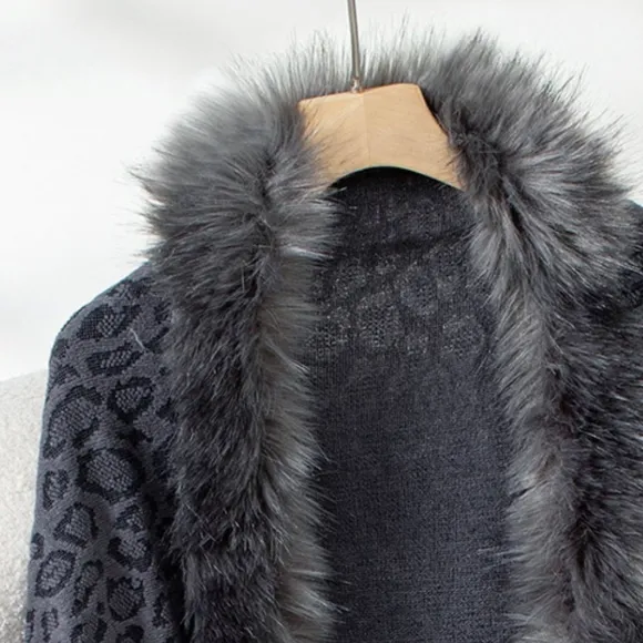 Plush Faux Fur Leopard Retro Fringe Boho Oversized Poncho Knit Cardigan Jacket