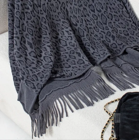 Plush Faux Fur Leopard Retro Fringe Boho Oversized Poncho Knit Cardigan Jacket