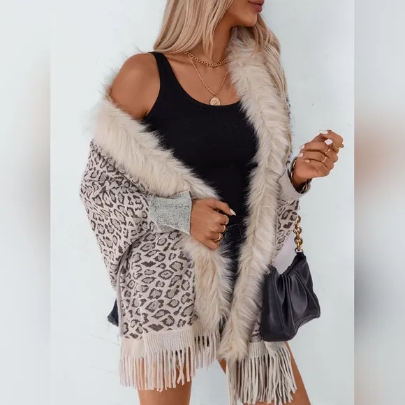 Plush Faux Fur Leopard Retro Fringe Boho Oversized Poncho Knit Cardigan Jacket