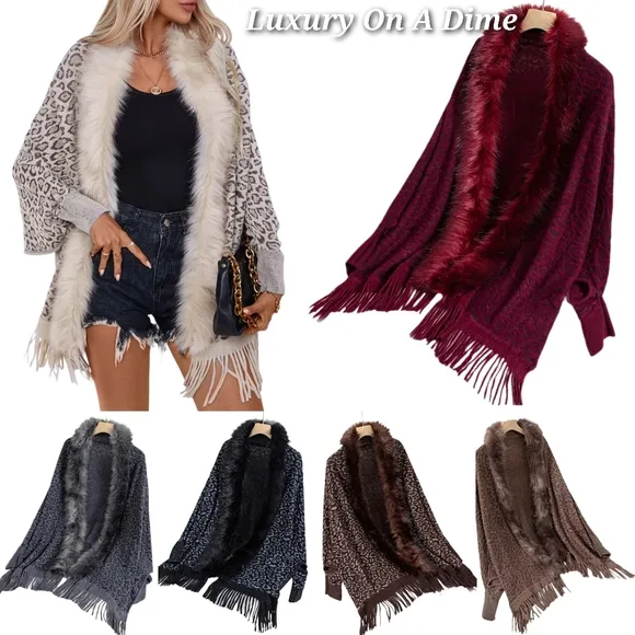 Plush Faux Fur Leopard Retro Fringe Boho Oversized Poncho Knit Cardigan Jacket