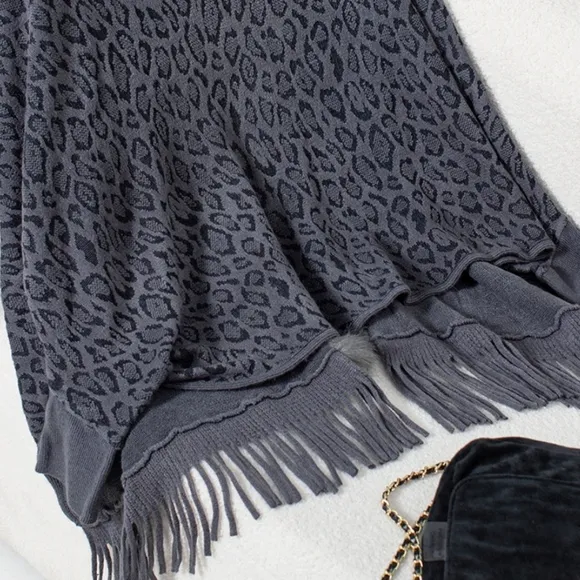 Plush Faux Fur Leopard Retro Fringe Boho Oversized Poncho Knit Cardigan Jacket