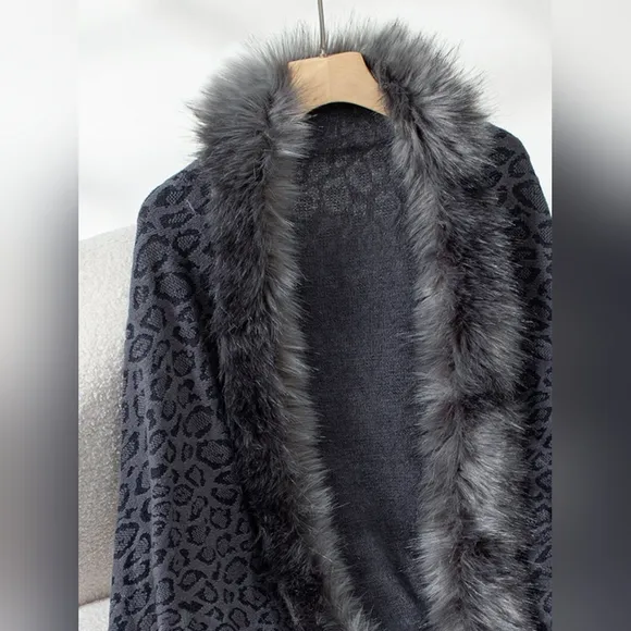 Plush Faux Fur Leopard Retro Fringe Boho Oversized Poncho Knit Cardigan Jacket