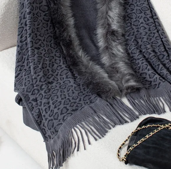 Plush Faux Fur Leopard Retro Fringe Boho Oversized Poncho Knit Cardigan Jacket
