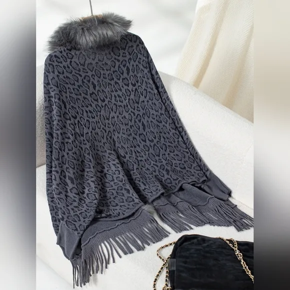 Plush Faux Fur Leopard Retro Fringe Boho Oversized Poncho Knit Cardigan Jacket