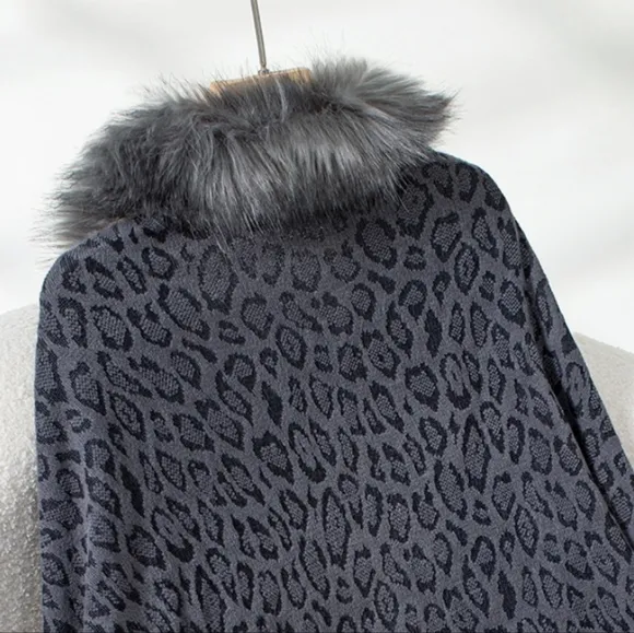 Plush Faux Fur Leopard Retro Fringe Boho Oversized Poncho Knit Cardigan Jacket