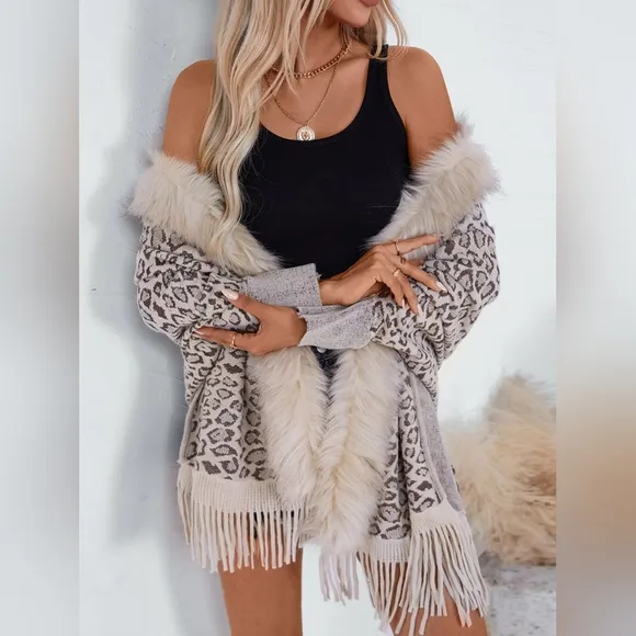 Plush Faux Fur Leopard Retro Fringe Boho Oversized Poncho Knit Cardigan Jacket