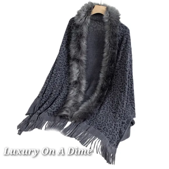 Plush Faux Fur Leopard Retro Fringe Boho Oversized Poncho Knit Cardigan Jacket