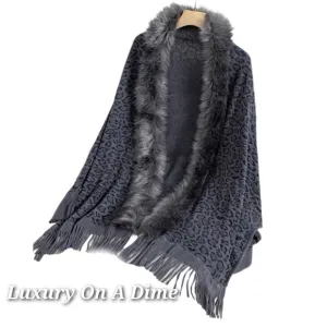 Plush Faux Fur Leopard Retro Fringe Boho Oversized Poncho Knit Cardigan Jacket