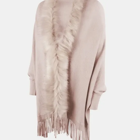 Plush Faux Fur Retro Fringe Hem Open Front Knit Poncho Knit Cardigan 6 Colors