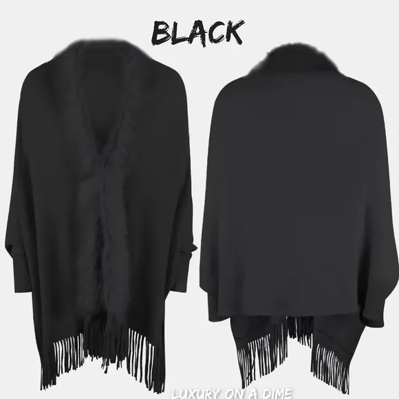 Plush Faux Fur Retro Fringe Hem Open Front Knit Poncho Knit Cardigan 6 Colors