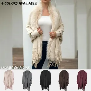 Plush Faux Fur Retro Fringe Hem Open Front Knit Poncho Knit Cardigan 6 Colors