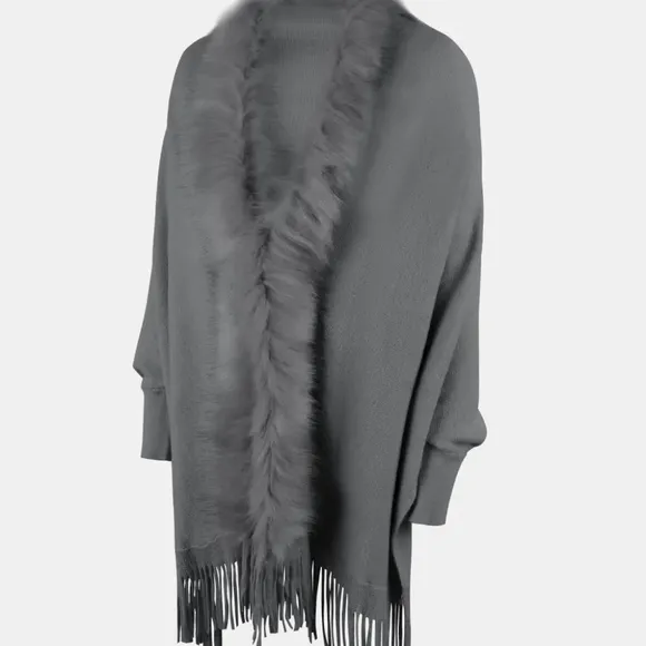 Plush Faux Fur Retro Fringe Hem Open Front Knit Poncho Knit Cardigan 6 Colors
