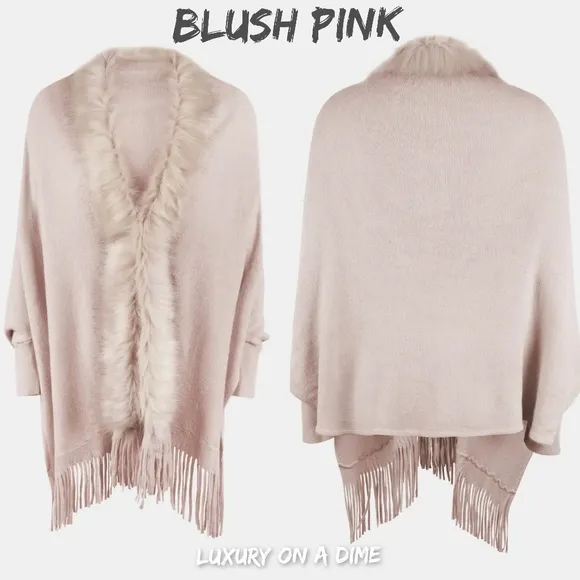 Plush Faux Fur Retro Fringe Hem Open Front Knit Poncho Knit Cardigan 6 Colors