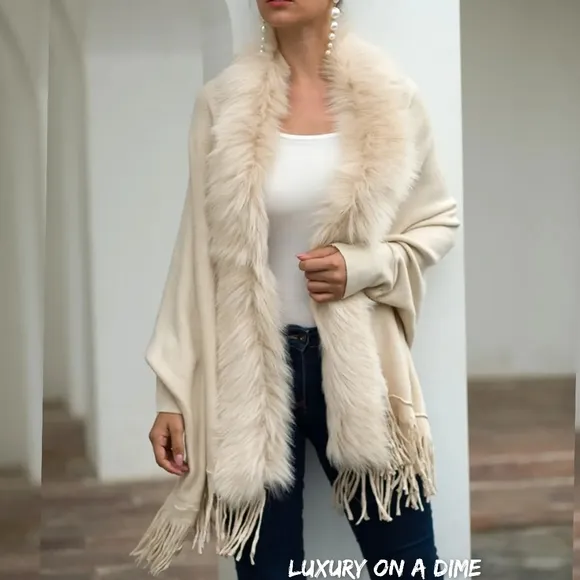 Plush Faux Fur Retro Fringe Hem Open Front Knit Poncho Knit Cardigan 6 Colors