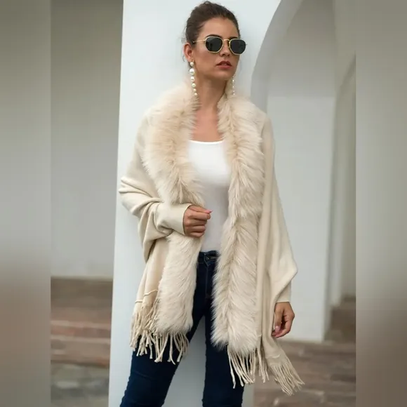 Plush Faux Fur Retro Fringe Hem Open Front Knit Poncho Knit Cardigan 6 Colors