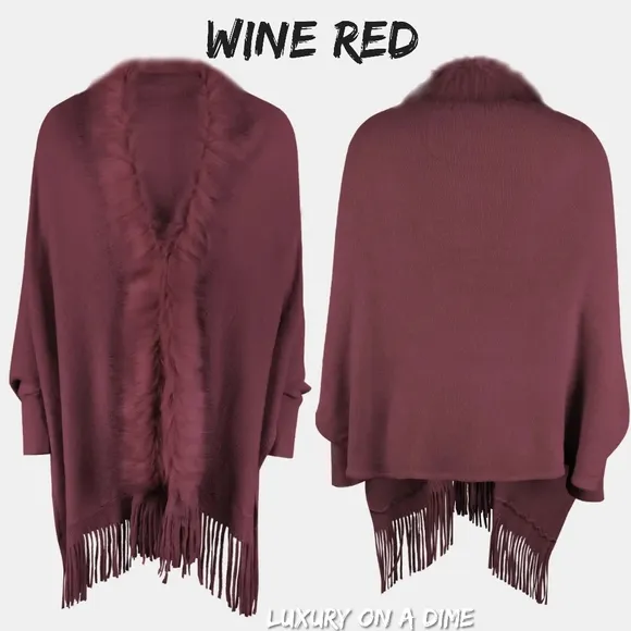 Plush Faux Fur Retro Fringe Hem Open Front Knit Poncho Knit Cardigan 6 Colors
