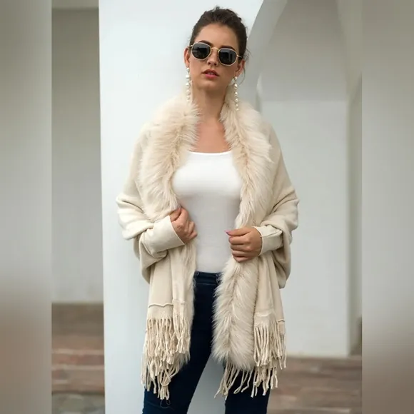 Plush Faux Fur Retro Fringe Hem Open Front Knit Poncho Knit Cardigan 6 Colors