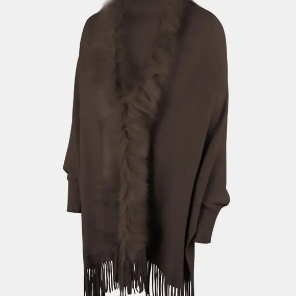 Plush Faux Fur Retro Fringe Hem Open Front Knit Poncho Knit Cardigan 6 Colors