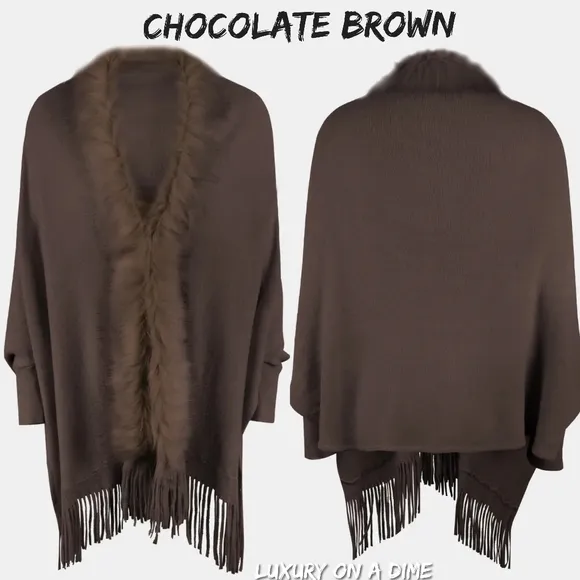 Plush Faux Fur Retro Fringe Hem Open Front Knit Poncho Knit Cardigan 6 Colors