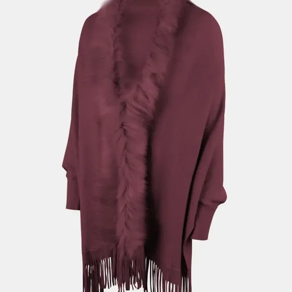 Plush Faux Fur Retro Fringe Hem Open Front Knit Poncho Knit Cardigan 6 Colors