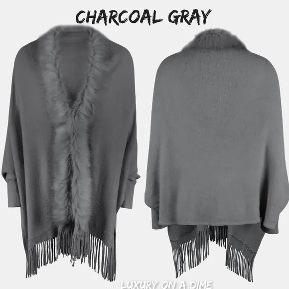 Plush Faux Fur Retro Fringe Hem Open Front Knit Poncho Knit Cardigan 6 Colors