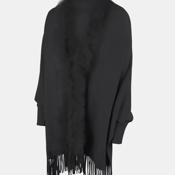Plush Faux Fur Retro Fringe Hem Open Front Knit Poncho Knit Cardigan 6 Colors