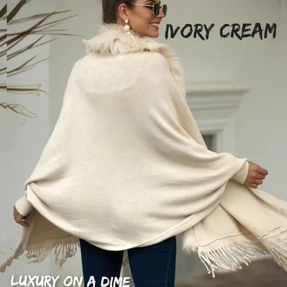 Plush Faux Fur Retro Fringe Hem Open Front Knit Poncho Knit Cardigan 6 Colors