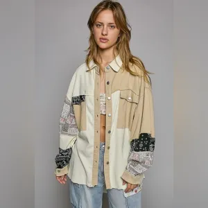 POL “Bandana Belle Jacket” Patchwork Gauze Button Down | Cream/Beige