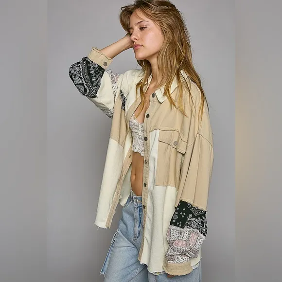 POL “Bandana Belle Jacket” Patchwork Gauze Button Down | Cream/Beige