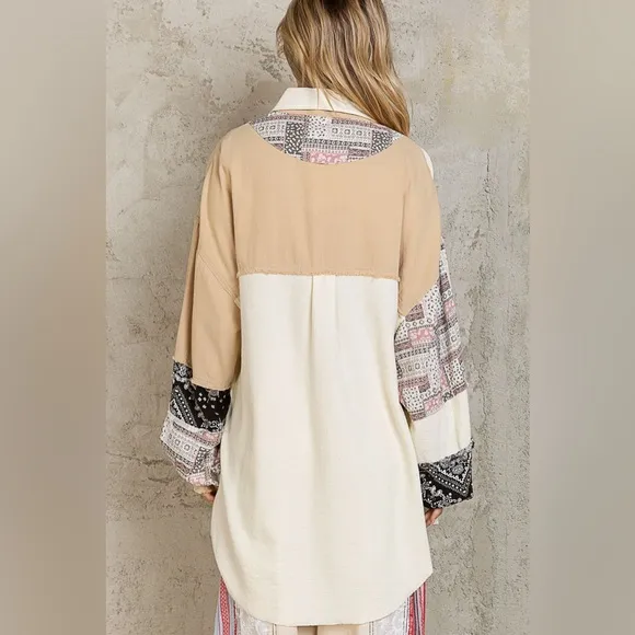 POL “Bandana Belle Jacket” Patchwork Gauze Button Down | Cream/Beige