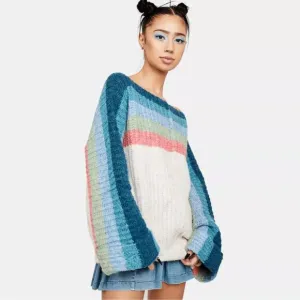 POL Rainbow Stripe Wool Blend Boat Neck Bell Sleeve Sweater large