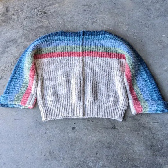 POL Rainbow Stripe Wool Blend Boat Neck Bell Sleeve Sweater large