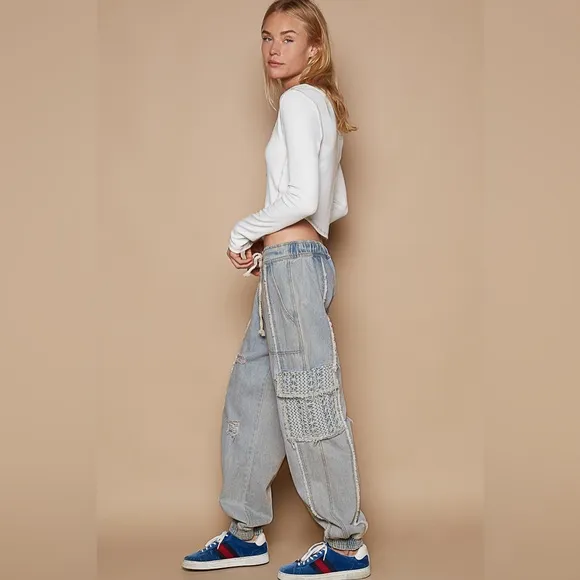 POL “Rebel Crochet Joggers” | Light Denim/Blue Crochet