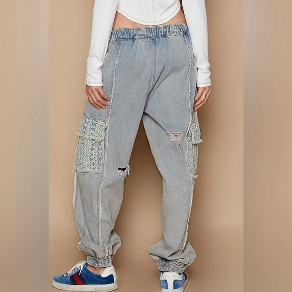 POL “Rebel Crochet Joggers” | Light Denim/Blue Crochet