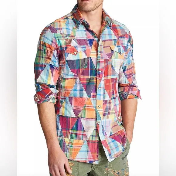 Polo Ralph Lauren Cotton Madras Patchwork Long Sleeve Classic Fit Sport Shirt