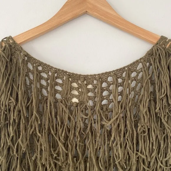 PPLA Olive Green Fringe Knit Vest sz L Festival Boho Lightweight Slouchy Beach