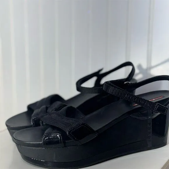 Prada Sport Black Wedge Sandals 40.5 Strappy Platform Hook &amp; Loop Designer Shoes