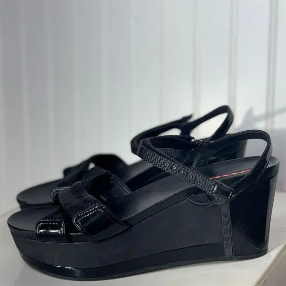 Prada Sport Black Wedge Sandals 40.5 Strappy Platform Hook &amp; Loop Designer Shoes