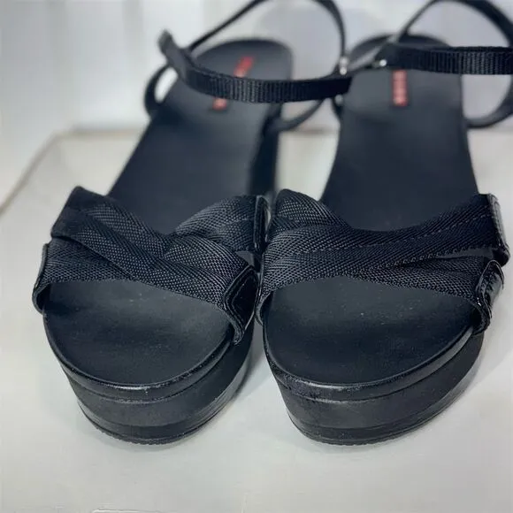 Prada Sport Black Wedge Sandals 40.5 Strappy Platform Hook &amp; Loop Designer Shoes