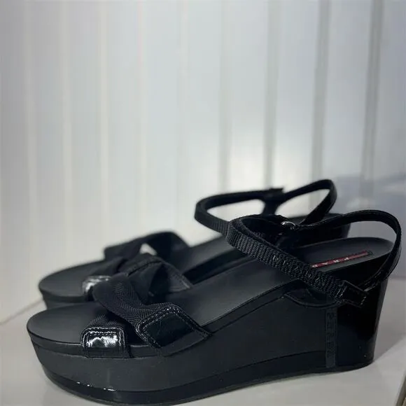 Prada Sport Black Wedge Sandals 40.5 Strappy Platform Hook &amp; Loop Designer Shoes