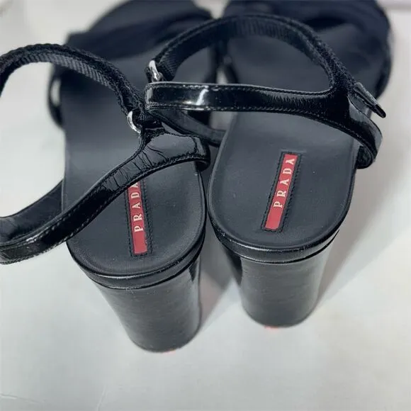 Prada Sport Black Wedge Sandals 40.5 Strappy Platform Hook &amp; Loop Designer Shoes