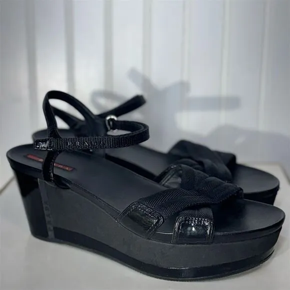 Prada Sport Black Wedge Sandals 40.5 Strappy Platform Hook &amp; Loop Designer Shoes