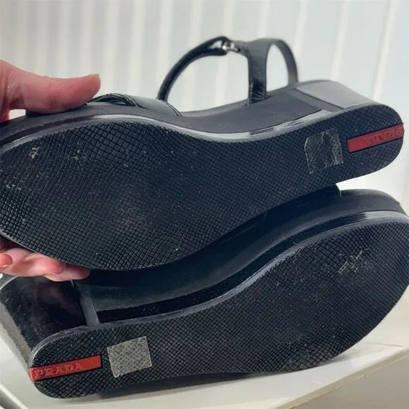 Prada Sport Black Wedge Sandals 40.5 Strappy Platform Hook &amp; Loop Designer Shoes