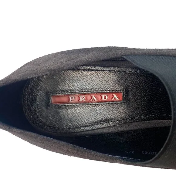 Prada Vintage 90s Y2K Brown Suede Wedge Heel Mary Jane Shoes Women's Size 37.5