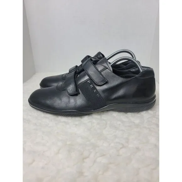 Prada Sport Mens Shoes Size 8.5 Black Leather Double Strappes Low Top Sneakers