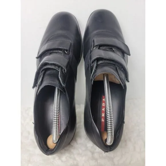 Prada Sport Mens Shoes Size 8.5 Black Leather Double Strappes Low Top Sneakers