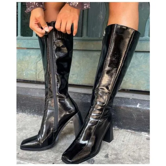 PRINCESS POLLY Jessa Boots Size 6 Patent Faux Leather Black NWOT Heeled Zipper