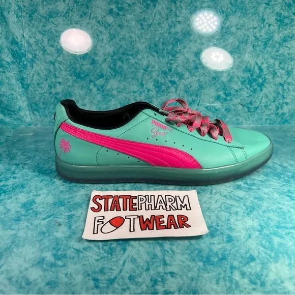 Puma Clyde Pink Green South Beach Men’s Retro Leather Low Top Shoes Size 10