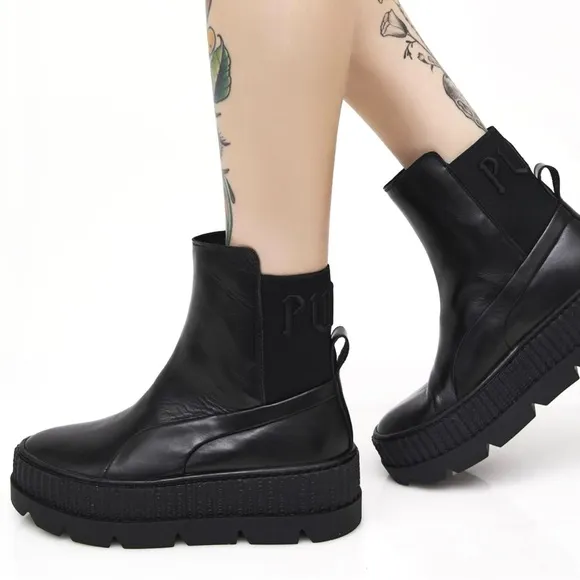 Puma x Fenty Black Leather Platform Chelsea Sneaker Boots Size 6
